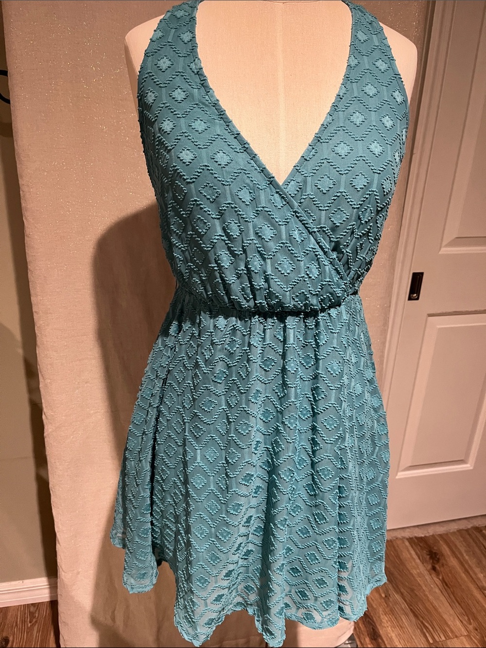 Sleeveless Textured Teal Blue Wrap Dress
